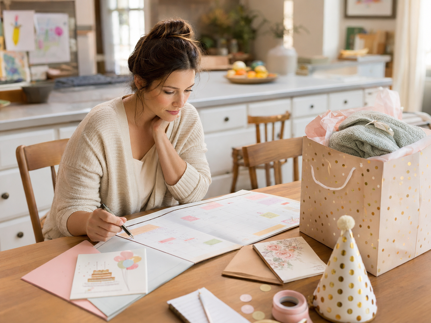 Young mother reviewing a calendar filled with birthdays and family occasions