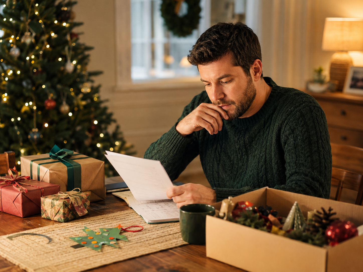 Young father thoughtfully planning holiday gifts and decorations