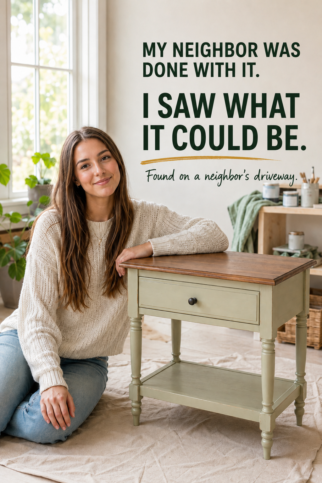 Illustrative example of a young woman with a refinished side table found on a neighbor's driveway